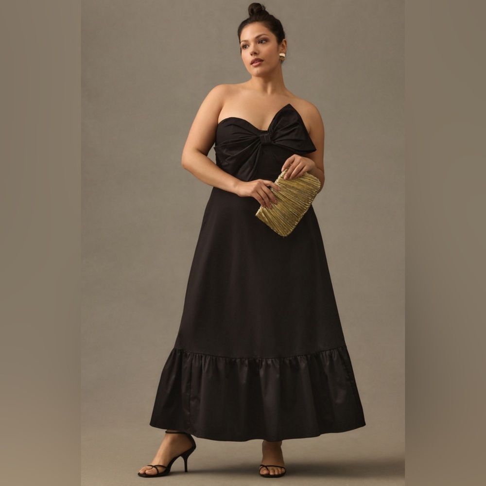 Hutch Anthropologie Black Bow-Tie Ruffle Strapless Maxi Dress
